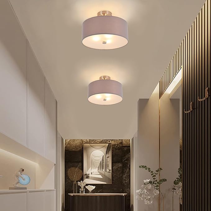 14 inch Semi Flush Mount Ceiling Light: 3-Light Modern Brushed Nickel Light Fixtures Ceiling Mount Lamp, Drum Gray Linen Shade & Glass Diffuser Perfect for Entryway Kitchen(Bulb Exclude)