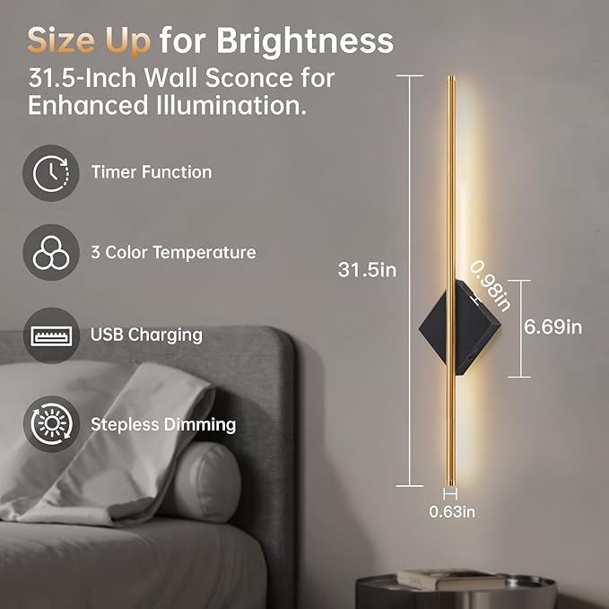 Battery Operated Wall Sconces Set of Two - Wireless Rechargeable Wall Light with Remote - Gold and Black Wall Lamp Dimmable Modern Home Decor for Bedroom Living Room Hallway Timing 31.5 Inch
