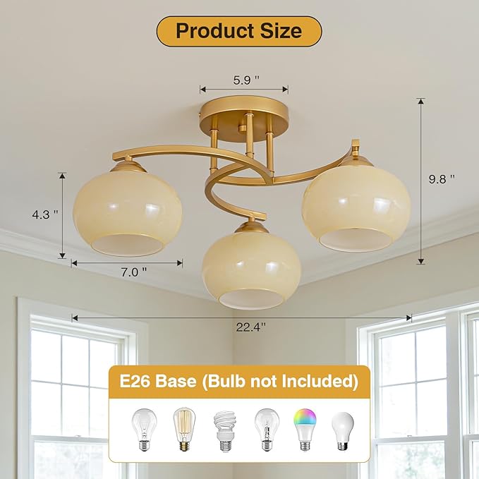 Semi Flush Mount Ceiling Light Fixture,Vintage Modern Gold Globe Sputnik Chandeliers 3-Light Mid Century Milk Glass Chandelier for Dining Room Kitchen Island Bedroom Living Room Entryway