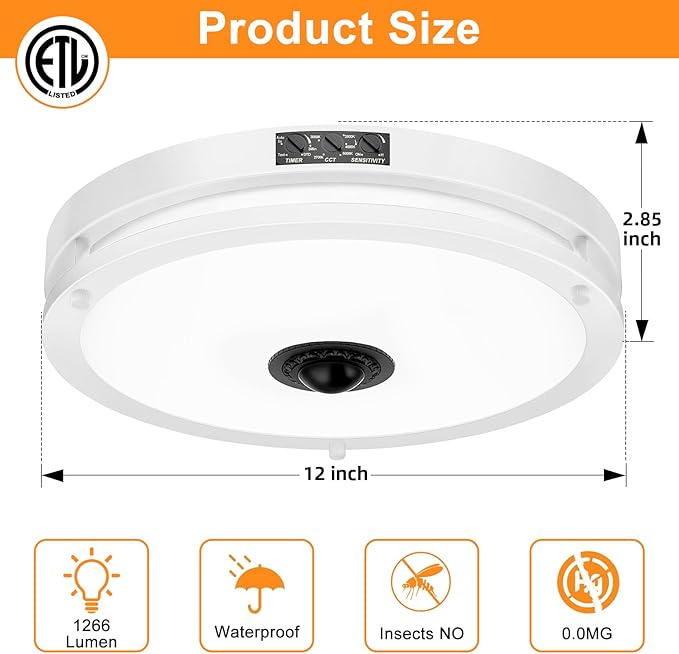 24W LED Motion Sensor Outdoor Ceiling Light, 12IN 2700K/3000K/3500K/4000K/5000K Adjustable Ceiling Lights, Dusk to Dawn Flush Mount LED Ceiling Light Fixture for Porch, Garage,