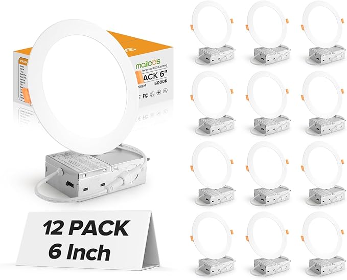 MAILCOS 12 Pack 6 Inch Ultra-Thin LED Recessed Ceiling Light with Junction Box, 5000K Daylight, 1050LM High Brightness, Dimmable Canless Wafer Downlight, 12W 120V, ETL