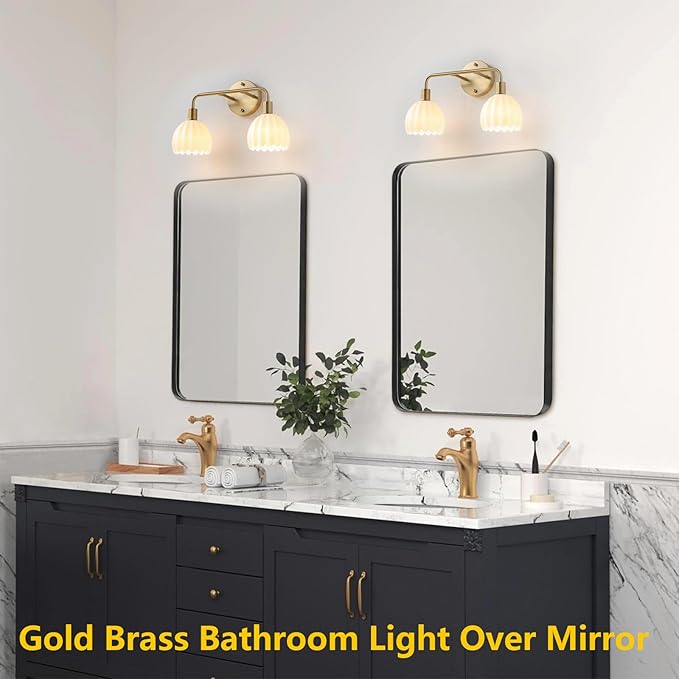 2-Light Gold Brass Bathroom Light Fixture,Wall Sconces,Brushed Gold Vanlity Light Over Mirror,Bathroom Vanity Light with White Glass Flower Shade,E26 Socket(Bulbs Not Included)