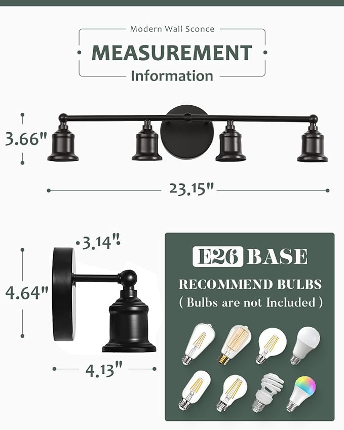 4-Light Vanity Light Fixture, Industrial Black Wall Sconce Lighting Fixture, Farmhouse Bathroom Wall Light, Vintage E26 Base Wall Lamp for Mirror Cabinet(Bulb Not Included)