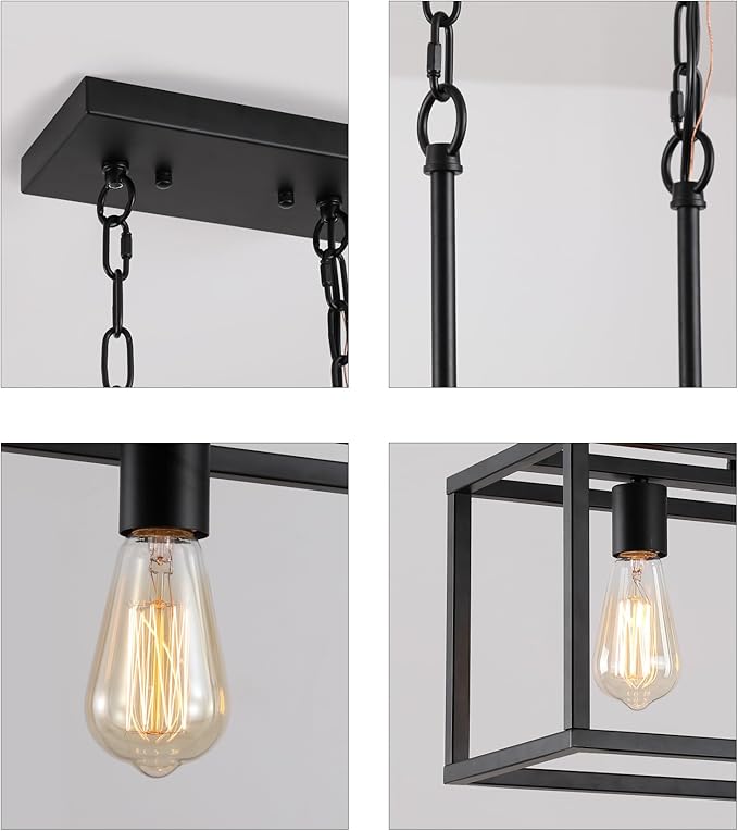 AMZASA Black Rectangle Kitchen Island Lights Rectangular Modern Industrial Chandelier for Dining Room 5 Lights Linear Vintage Cage Light Fixtures UL Listed
