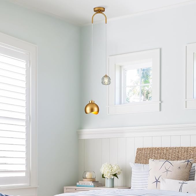 2 - Light Modern Pendant Light with Crystal Accent, Gold Pendant Light Hallway, Unique Hanging Light Fixture for Entryway Bedroom Kitchen Island