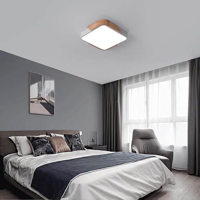 Ceiling Light Fixture, 24W LED Flush Mount, Wood Modern Luminaire Plafonnier for Bedroom Living Room, 12 Inch, Cool White 6500K