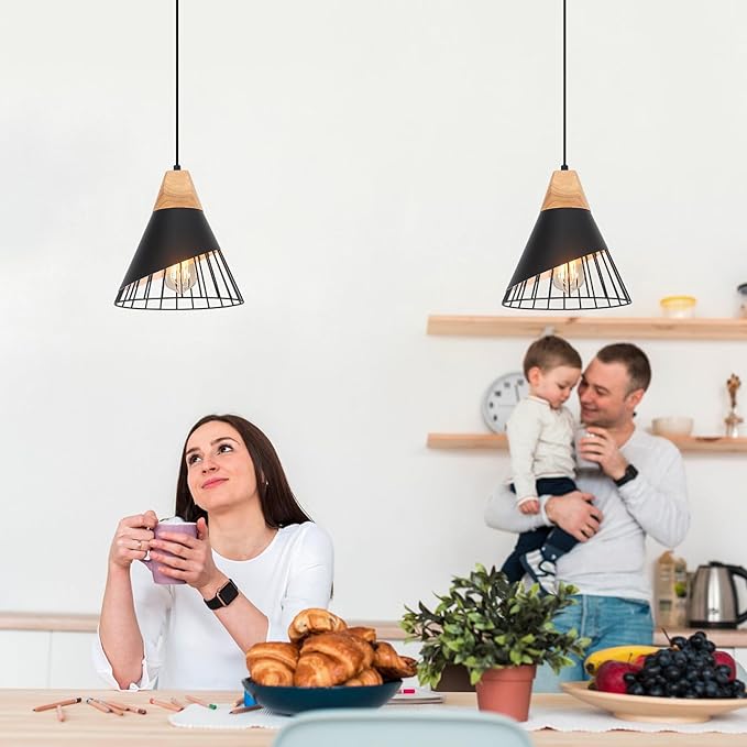 Black Pendant Light, 2 Packs 9.4inch Modern Pendant Lights, Farmhouse Pendant Light, Kitchen Pendant Lighting, Black Pendant Lights Kitchen Island for Living Room, Bar, Bedroom, Office