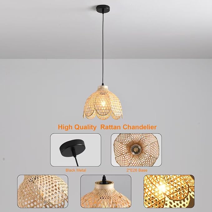 3-Pack Mini Bamboo Pendant Light,10.23IN Petal Rattan Chandelier Hand Woven Wicker Hanging Light for Kitchen Bedroom Dining Room Living Room Stairs Hallway Apartment