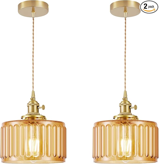 2 Pack Industrial Pendant Lighting, Modern Glass Shade Farmhouse Adjustable Hanging Light Fixtures for Kitchen Island Living Room Bedroom Hallway, Brown