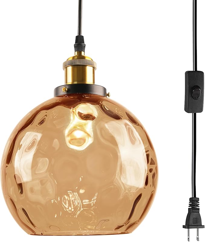 Amber Glass Plug in Pendant Light, Mid Century Gold Hanging Lamps for Living Room Bedroom, 7.8" Hammered Globe Vintage Hanging Light Fixture with Plug in Cord On/Off Switch