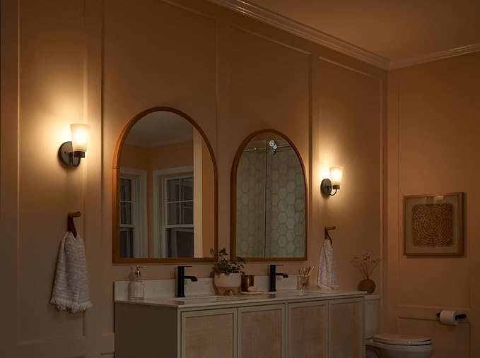 Kichler Stamos Wall Sconce 1-Light with Satin Etched Glass, Modern Bathroom or Hallway Light in Olde Bronze®, (8" H x 5" W x 6" D)