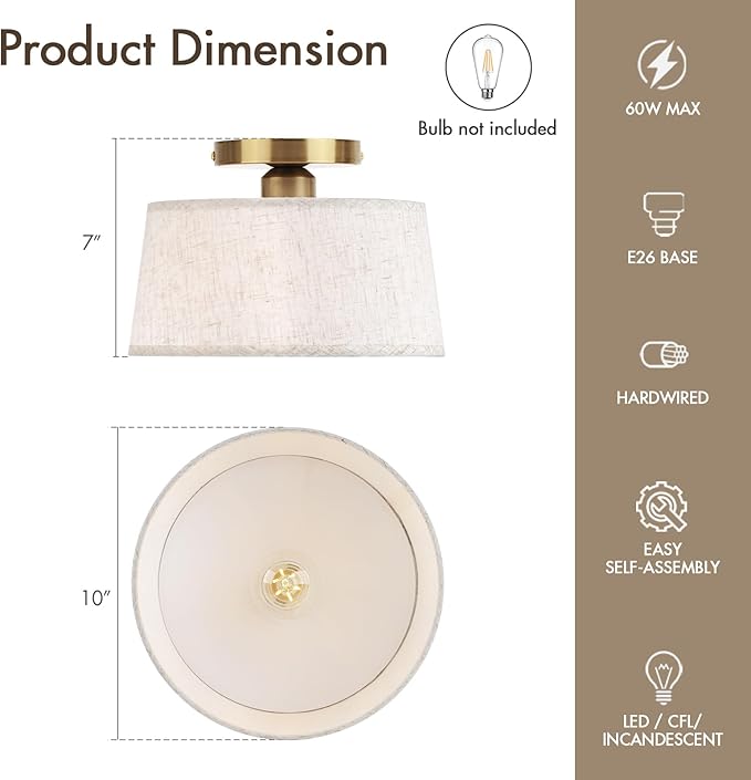 Modern Ceiling Light Fixture, 10 Inch Semi Flush Mount Lamp with Linen Shade, E26 Base, Gold for Kitchen Bedroom Hallway Closet Entryway Room Small Spaces