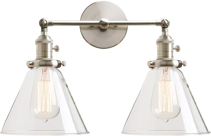 Permo Double Sconce Vintage Industrial Antique 2-Lights Wall Sconces with Funnel Flared Glass Clear Glass Shade (Brushed)
