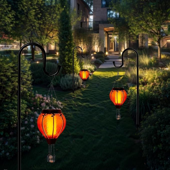 Starsoul 2 Pack Orange Solar Hot Air Balloon Lantern, Glass Hot Air Balloon Solar Lantern Outdoor Waterproof, Solar Hanging Lights with Flickering Flame Decor for Garden Yard Patio