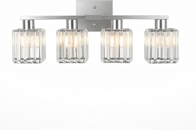 Crystal Bathroom Light Fixtures, 4-Light Brushed Nickel, Vanity Lights for Bathroom Over Mirror, Modern Bath Wall Sconce for Mirror Bedroom Living Room