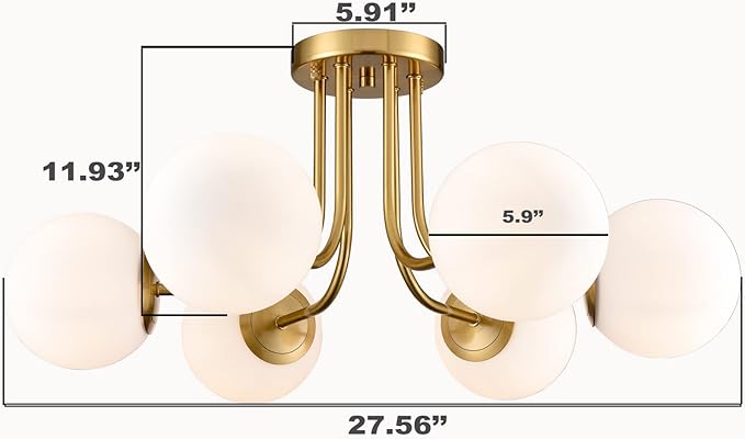 Modern Brushed Brass Gold 6-Light Ceiling Light with Globe White Glass Shade Semi Flush Mount Light Fixture for Dinning Room Foyer Hallway Sputnik Chandeliers