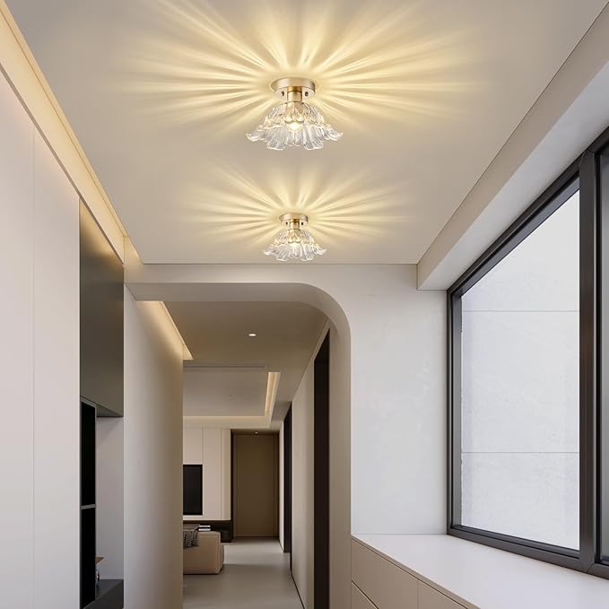 Modern Flower Glass Ceiling Light, Mid-Century Lighting Fixtures, Gold Semi Flush Mount Ceiling Light for Hallway, Kitchen, Laundry Room, Bathroom, Entryway, 11 in