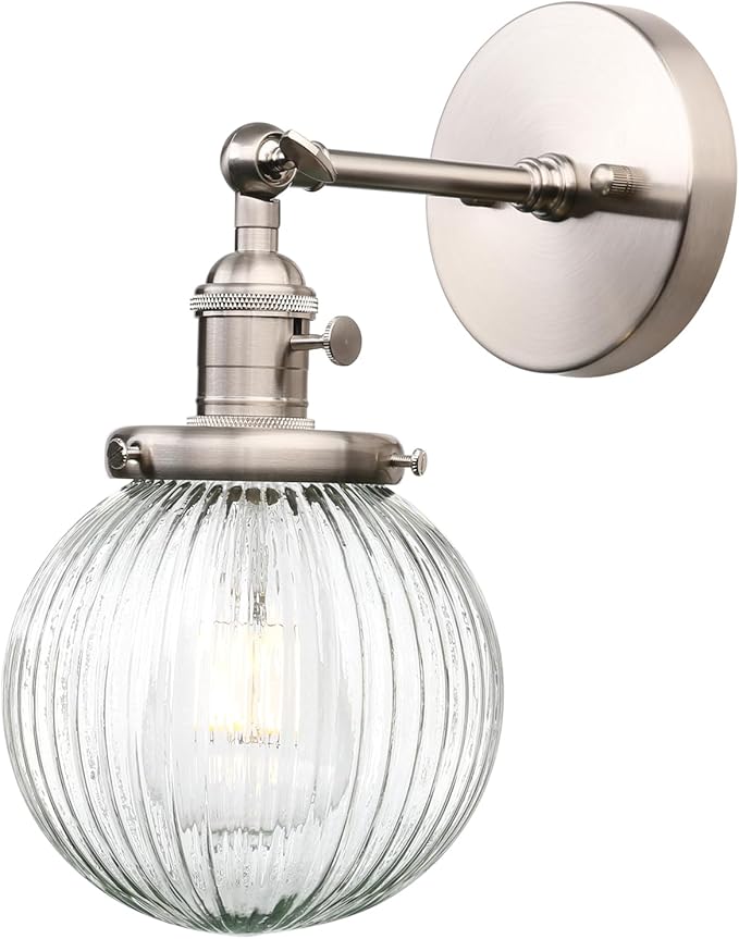 PERMO Sconce with Switch Industrial Gold Wall Sconce Lighting with Ribbed Globe Lampshade (Brushed, 1 Light-Hardwired)