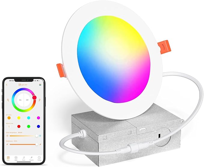 Smart Recessed Lighting 4 Inch RGBCW Color Changing 12W LED Recessed Ceiling Lights with Junction Box,1080LM Canless Downlight Compatible with Alexa,Dimmable by Bluetooth Control (1 Pack)