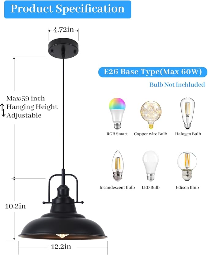 Farmhouse Pendant Lighting for Kitchen Island 2 Pack,Black Pendant Light with Handle, Adjustable Height Industrial Ceiling Light Fixture for Hallway Dining Room Restaurant