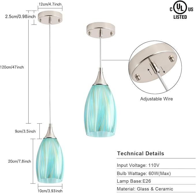 GLADFRESIT Sky Blue Serenity Pendant Light for Kitchen Islands – Artisanal Elegance with Adjustable Nylon Core and Ceramic Holder, 1 Pack for Dining Room, Entryway (Bulb Excluded)