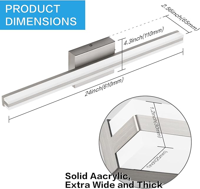 SOLFART Vanity Lights for Bathroom Brushed Nickel Dimmable Bathroom Lighting Over Mirror 24 Inch LED Wall Lights S8200-610mm-NK-D