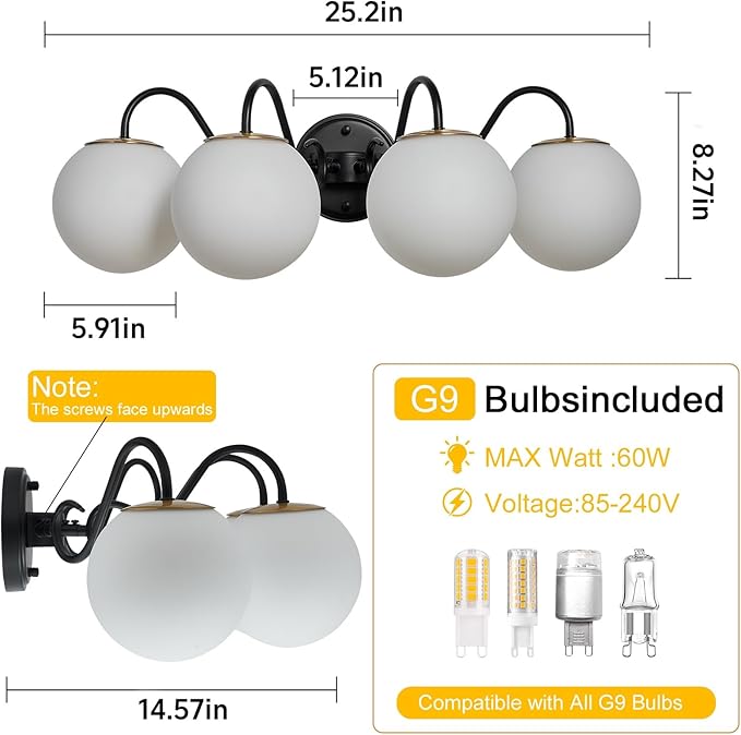 4 Lights Vintage Bathroom Vanity Light Fixtures Over Mirror, Matte Black Vanity Lights For Bathroom With Milk White Glass Globe Shade, Wall Lights For Bedroom, Hallway, Dressing Table(Includ G9 Bulbs)