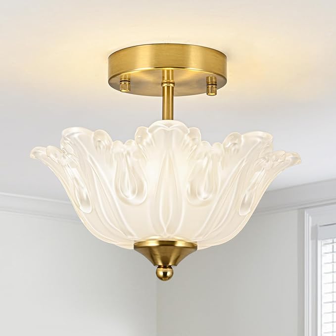 Semi Flush Mount Ceiling Light, Gold Vintage Light fixtures with Floral White Glass Shade, Modern Close-to-Ceiling Lighting for Bedroom Kitchen Living Room Hallway
