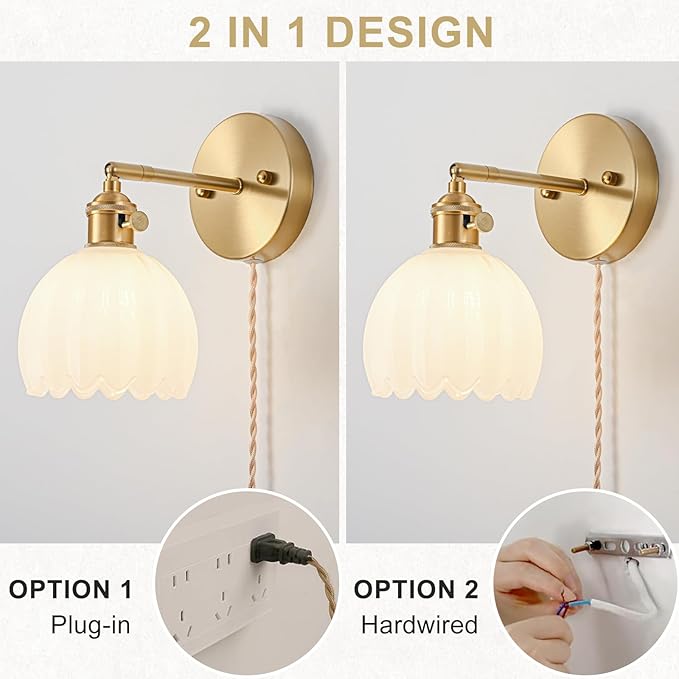 Plug in Wall Sconce, Vintage Sconce Light with Tulip Milk White Glass Lampshade, Bedside Wall Sconce with Switch and Plug in Wall Lamp Cord, Gold Wall Light for Bedroom