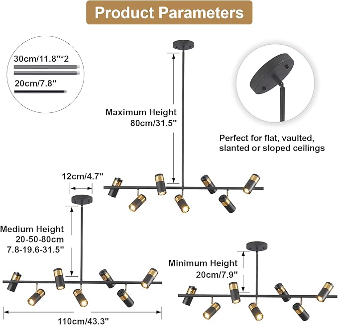 KCO Lighting Black and Gold 7-Light Hanging Track Lighting Modern Kitchen Island Pendant Track Lighting Fixtures Mid Century Ceiling Mount Adjustable Spotlight