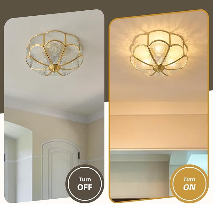 Gold Vintage Brass Ceiling Light - Small 11.8 Inch Hammered Glass Mid Century Flush Mount Lighting Fixtures - Art Deco Antique Modern Lamp for Hallway Bedroom Kitchen Entryway Laundry Foyer Bathroom