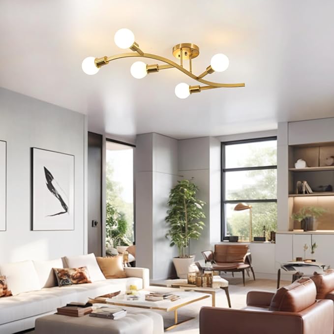 Gold Modern Sputnik Ceiling Light Fixture 5-Lights,Mid Centur Minimalist Semi Flush Mount Sputnik Chandelier for Living Room,Dining Room,Bedroom,Hallway,Kitchen(Bulbs Not Included)