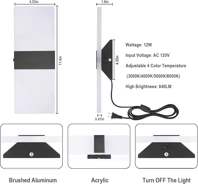 TRLIFE Modern LED Wall Sconce, Adjustable 4 Color Temperature 12W Morden Wall Sconce Plug in, Acrylic Wall Mounted Light Wall Lights with 6FT Plug in Cord for Bedroom Bedside Stairway(1 Pack, Black)
