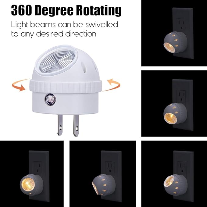 Emotionlite Plug-in Night Lights, Warm White LED Nightlight, 360° Rotation, Dusk to Dawn Sensor, Kids, Adult, Bedroom, Hallway, Bathroom,Kitchen, Stairways, Corridor, 6 Pack
