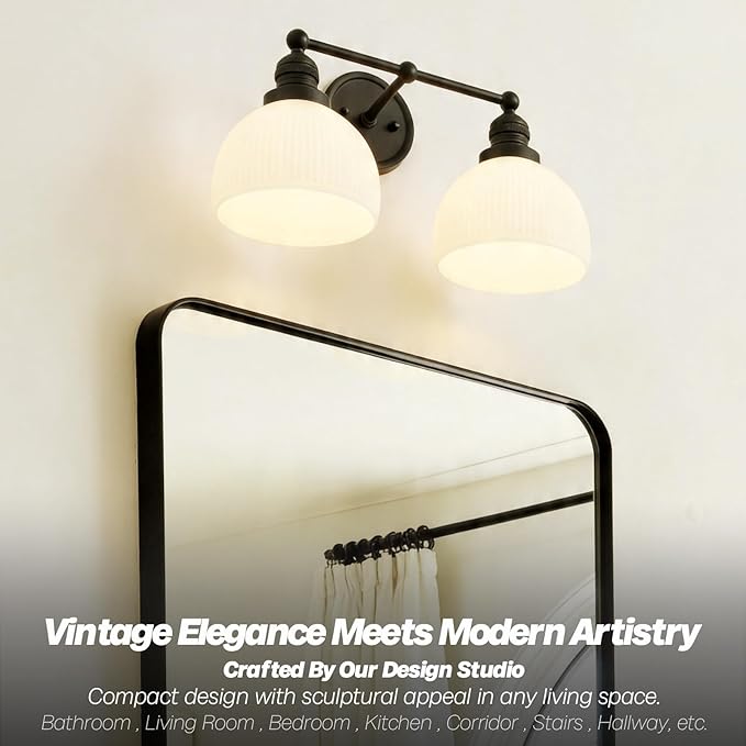 2-Light Wall Sconces,Black Double Bathroom Vanity Light with Milk Glass Minimalist Farmhouse Wall Sconce Light Lamp for Bathroom Mirror Living Room Bedroom Kitchen E26 Hardwire Indoor