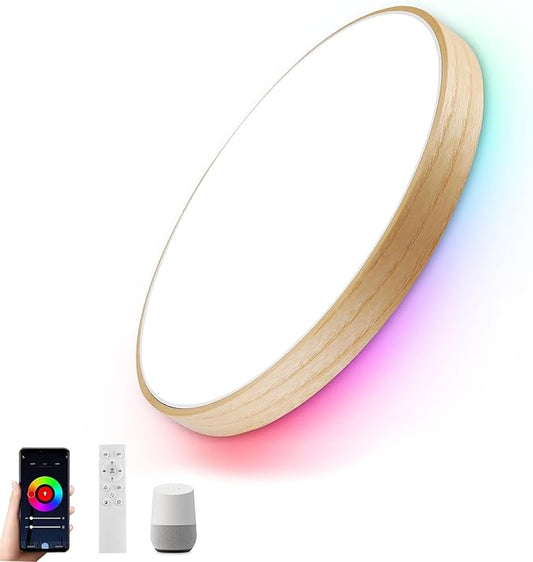 HOREVO Smart WiFi LED Ceiling Light with Remote - Alexa/Google Home, Dimmable RGB Color Changing Ceiling Light Fixture(2700K-6500K), 12" Modern Wood Flush Mount for Bedroom/Living Room/Kids Room