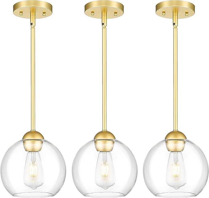 Emak 3 Pack Pendant Lights Kitchen Island, Gold Pendant Light Fixtures with Clear Glass Shade, Modern 8 Inch Globe Hanging Lights for Kitchen, Bedroom, Bar, PL121-GD-3PK