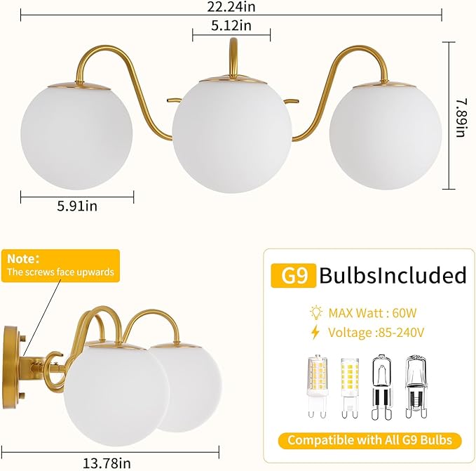 3 Lights Vintage Bathroom Vanity Light Fixtures Over Mirror, Brushed Gold Vanity Lights For Bathroom With Milk White Glass Globe Shade, Wall lights For Bedroom, Hallway, Dressing Table,Includ G9 Bulbs