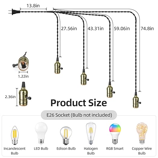 Vintage Plug-in Pendant Light Kit with 1-to-4 Hanging E26/E27 Sockets, Industrial Hanging Light with Individual Rotary Switches, Easy DIY Lighting for Living Room, Patio and Plant Corners, Bronze