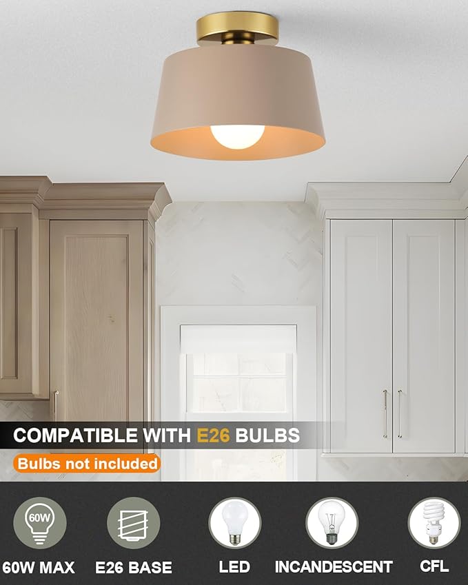 Ceiling Light Fixture, Hallway Ceiling Light with Gold Plate and Matte Black Shade, Modern Simple Style Porch Light Fixtures Semi Flush Mount (Brown)