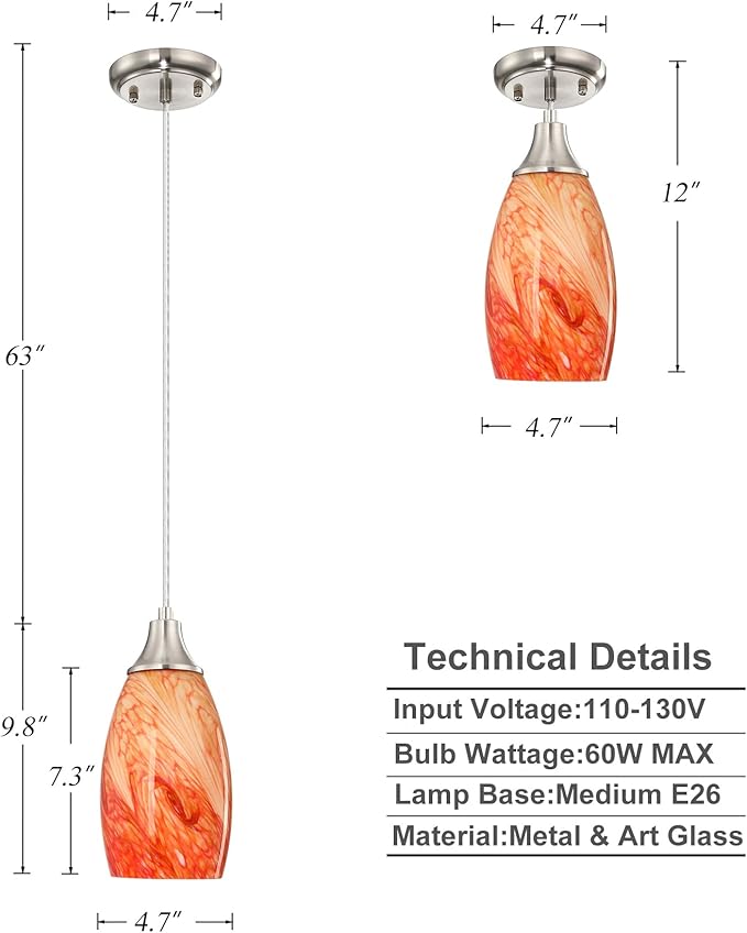 karyfine Art Glass Mini Pendant Lights Kitchen Island Marble Glass Pendant Light Shade with Brushed Nickel Finish Ceiling Hanging Lights for Kitchen Over Sink,Dining/Living Room Red Marble-1Pack