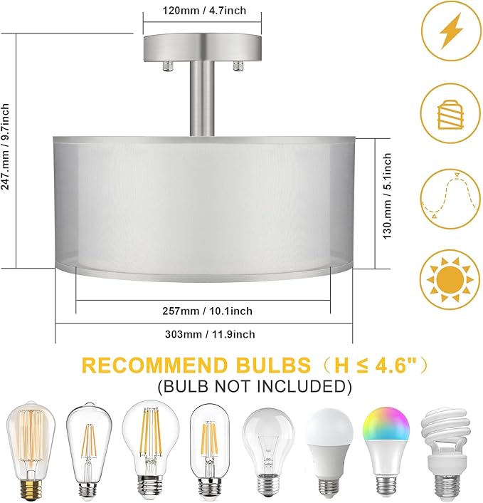 FOLKSMATE Silver Semi Flush Mount Ceiling Light Fixture, 3-Light Drum Light with Double Fabric Shade, Modern Close to Ceiling Lamp for Living Room, Bedroom, Dining Room, Kitchen, Hallway, Entry, Foyer