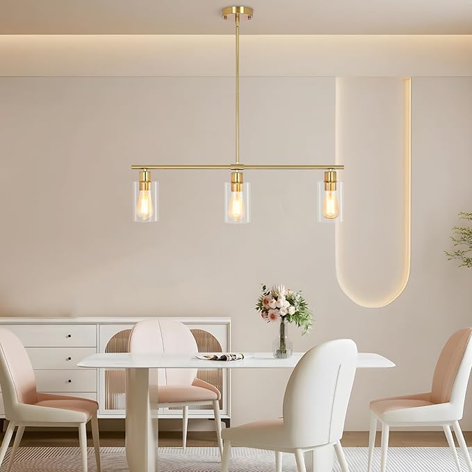 3-Light Kitchen Island Lighting, Farmhouse Dining Room Light Fixtures Over Table, Modern Gold Island Lights Over Island, 31" Linear Chandelier Hanging Ceiling Pendant Light Fixtures for Kitchen