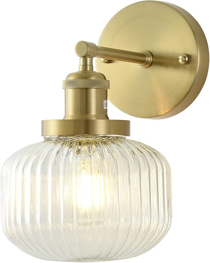 Vintage Wall Sconces with Clear Pumpkin Glass Lampshade, Indoor Bathroom Wall Sconce, Modern Gold Industrial Lighting Fixture for Mirror Living Room Hallway 1 Pack