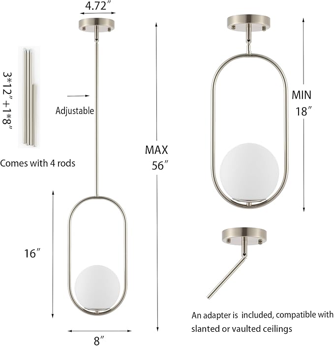 BYOLIIMA Modern Globe Pendant Light Brushed Nickel Chandelier 1-Light Mid Century Ceiling Hanging Lighting Fixture White Globe Glass Shades for Kitchen Island Dining Room Bedroom