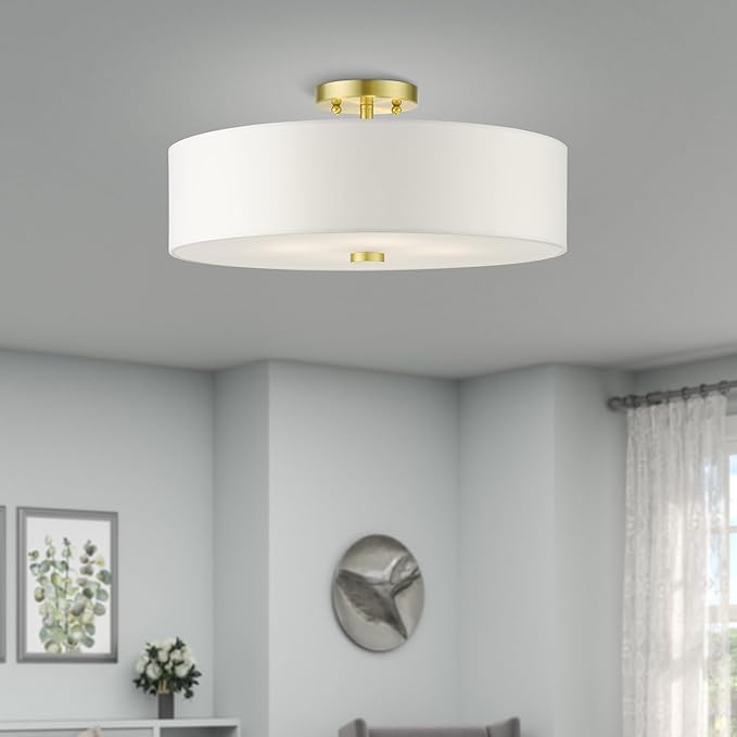 Livex Lighting 51055-12 Meridian Collection 4-Light Semi Flush Mount Ceiling Light with Off-White Hardback Fabric Shade, Satin Brass