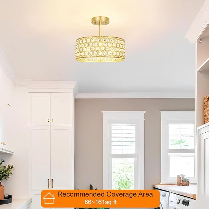 Gold Crystal Ceiling Light Fixture - Modern Semi Flush Mount Ceiling Light for Hallway, Kitchen Lighting Fixtures Ceiling, Dazzling Prism Chandelier for Foyer Closet Bedroom, 3 Light, 12 in