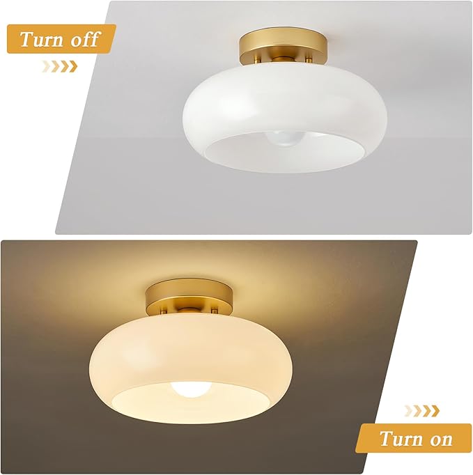 Mid-Century Modern Gold Semi Flush Mount Ceiling Light,White Glass Dome Hallway Lighting Fixtures, Metal Close to Ceiling Lamp for Entryway Bathroom Kitchen Bedroom Porch Foyer Office(11 Inch)