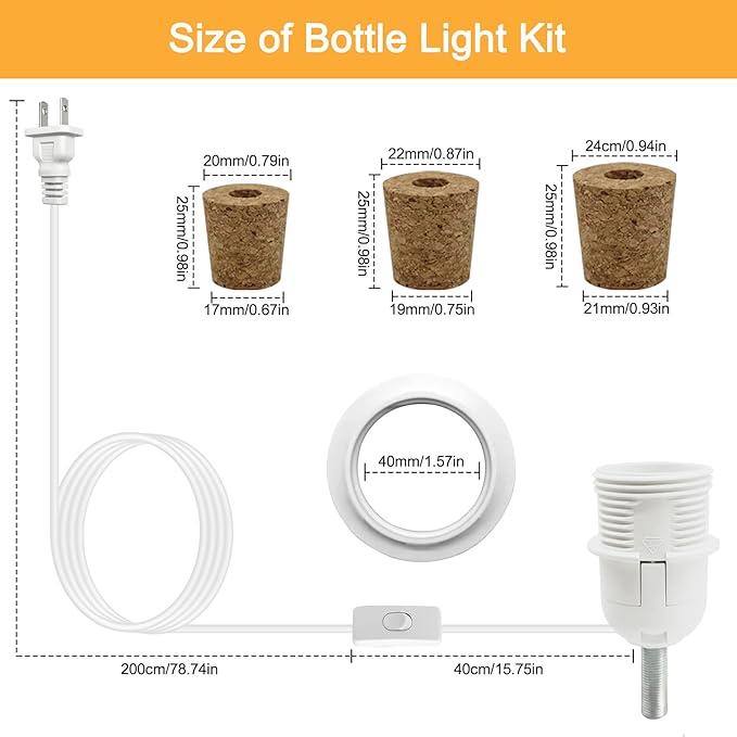 2 Piece Bottle lamp Kit,Bottle Lamp Holder Adapters with 3 Sizes of Corks for Bottles Lights or Any Other Glass Wine Bottles, DIY Wine Bottle Light Kit