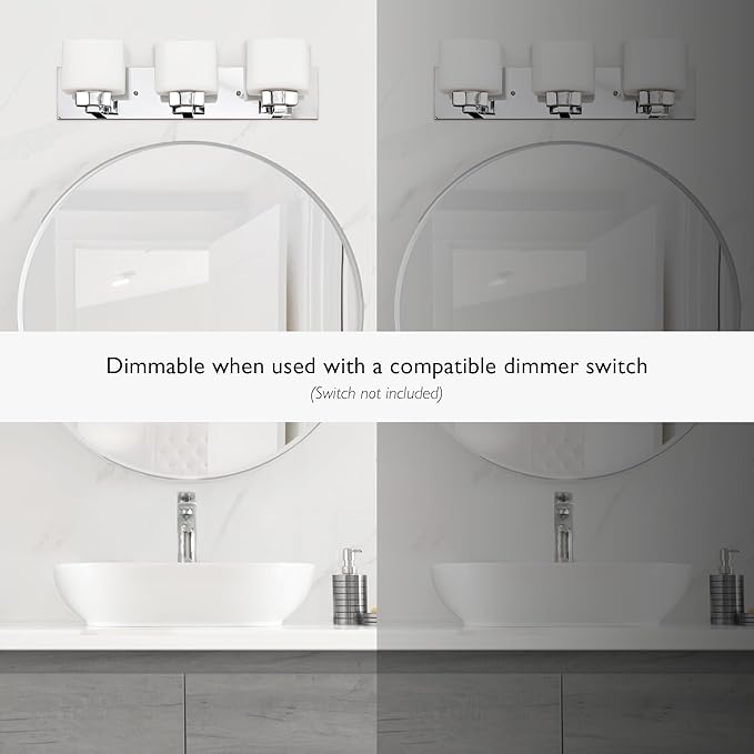 Design House 587469 Dove Creek 3-Light Vanity Light, Polished Chrome Finish, Frosted Glass Shades, Dimmable, Bathroom Wall Fixture